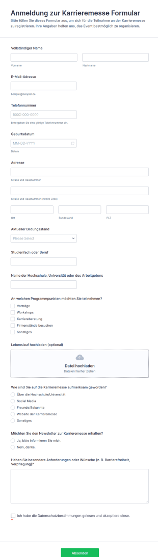 Anmeldung Zur Karrieremesse Formular