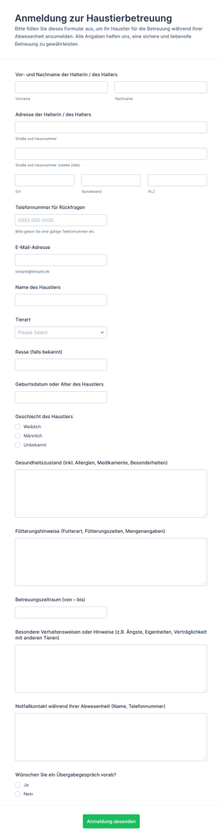Anmeldung Zur Tierbetreuung Form