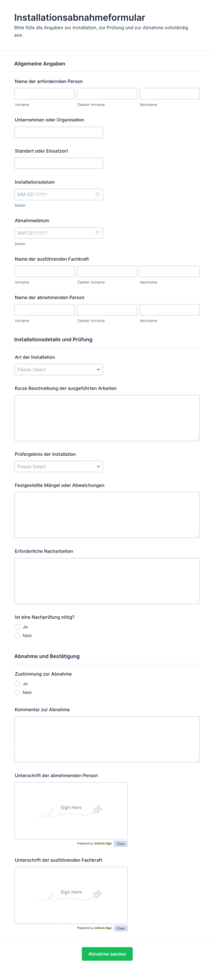 Annahme Der Installationsleistung Formular