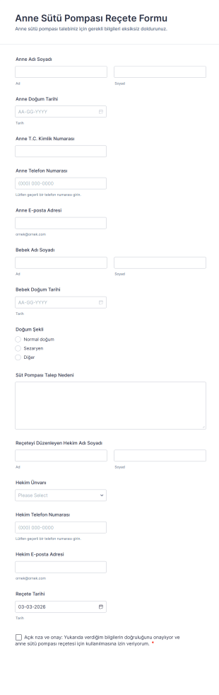 Anne Sütü Pompası Reçete Form Şablonu