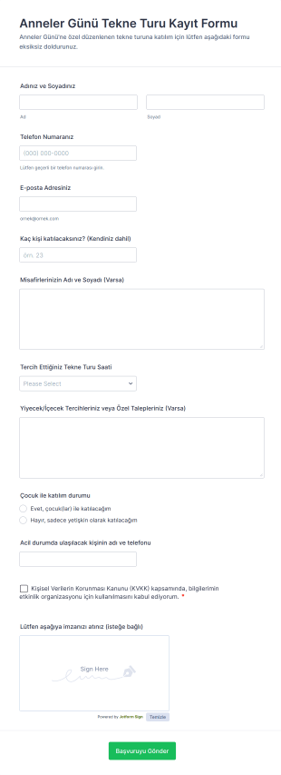 Anneler Günü Tekne Turu Kayıt Form Şablonu
