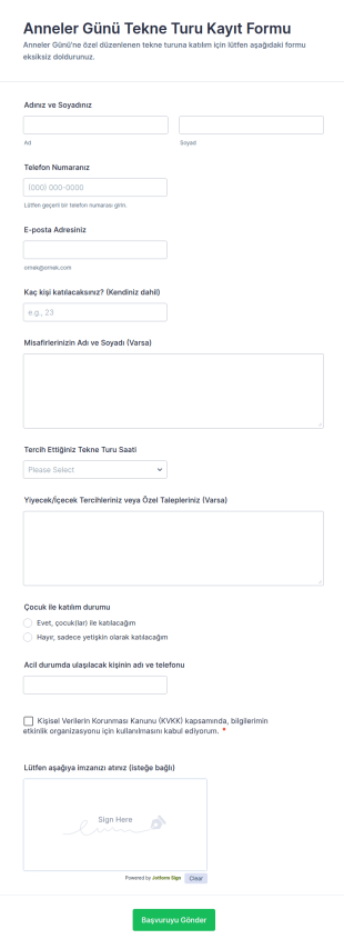 Anneler Günü Tekne Turu Kayıt Form Şablonu