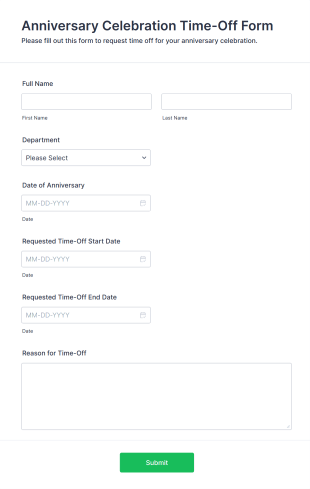 Anniversary Celebration Time Off Form Form Template