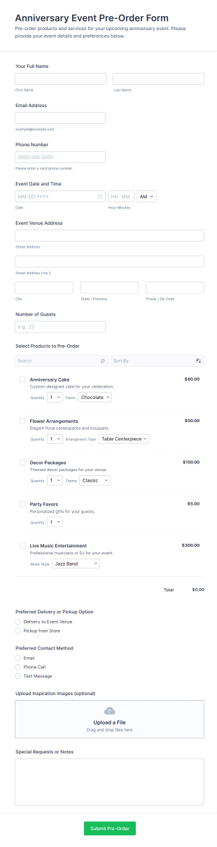 Anniversary Event Pre Order Form Template