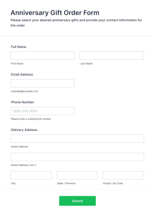 Anniversary Gift Order Form Template