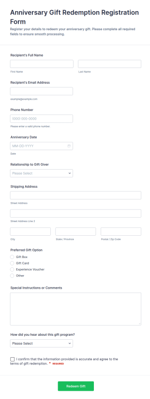 Anniversary Gift Redemption Form Template