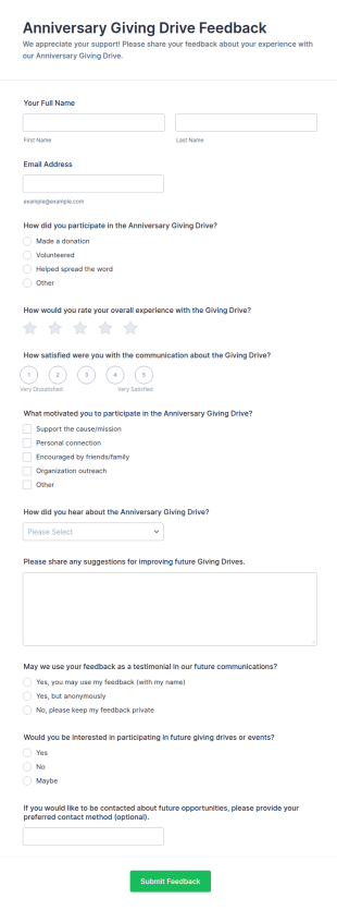 Anniversary Giving Drive Feedback Form Template