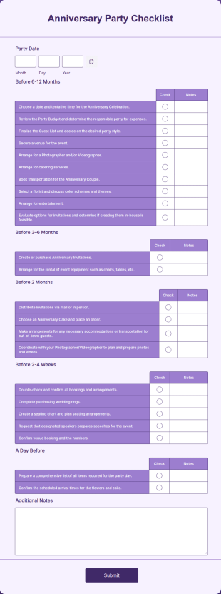 Anniversary Party Checklist Form Template