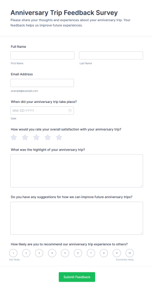 Anniversary Trip Feedback Survey Form Template