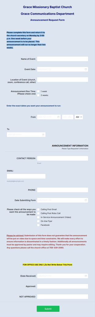 ANNOUNCEMENT REQUEST FORM Template