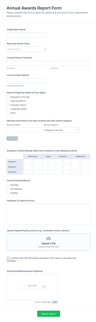 Annual Awards Report Form Template