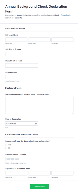 Annual Background Check Declaration Form Template