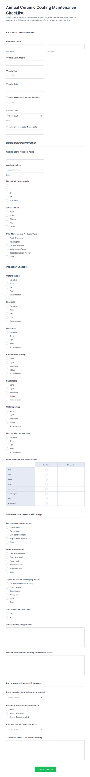 Annual Ceramic Coating Maintenance Checklist Form Template