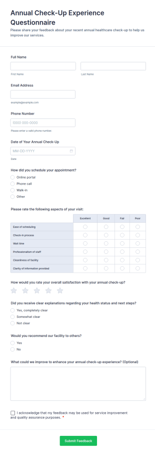 Annual Check Up Experience Questionnaire Form Template