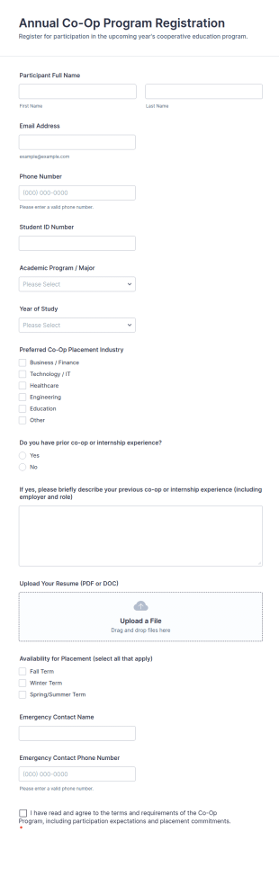 Annual Co Op Program Registration Form Template