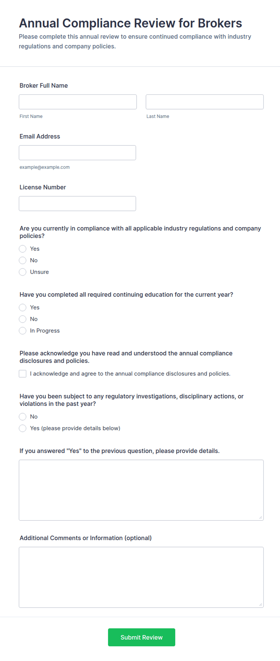 Annual Compliance Review for Brokers Form Template | Jotform