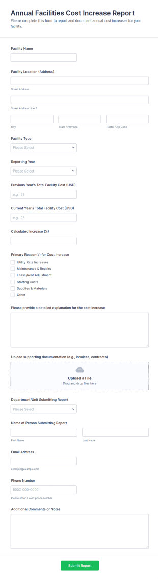 Annual Facilities Cost Increase Report Form Template
