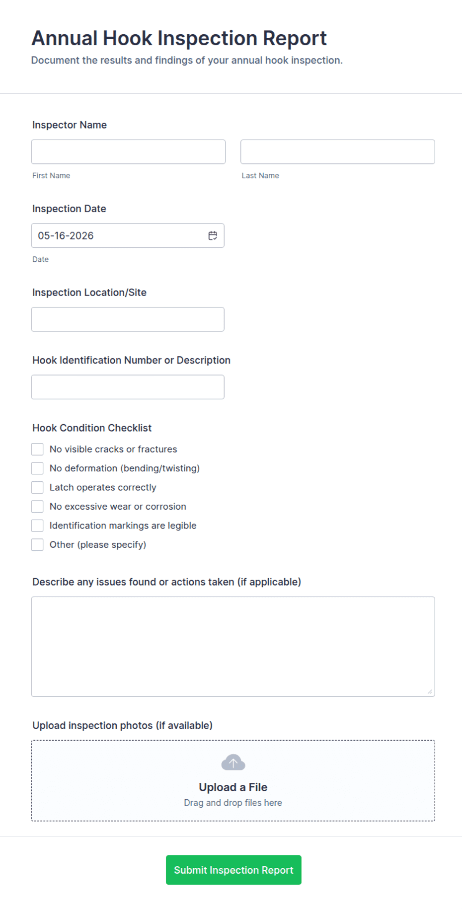 Annual Hook Inspection Report Form Template | Jotform