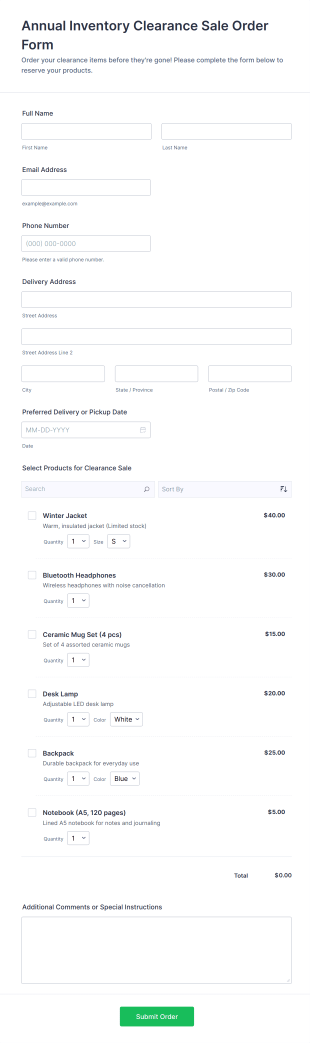 Annual Inventory Clearance Sale Order Form Template