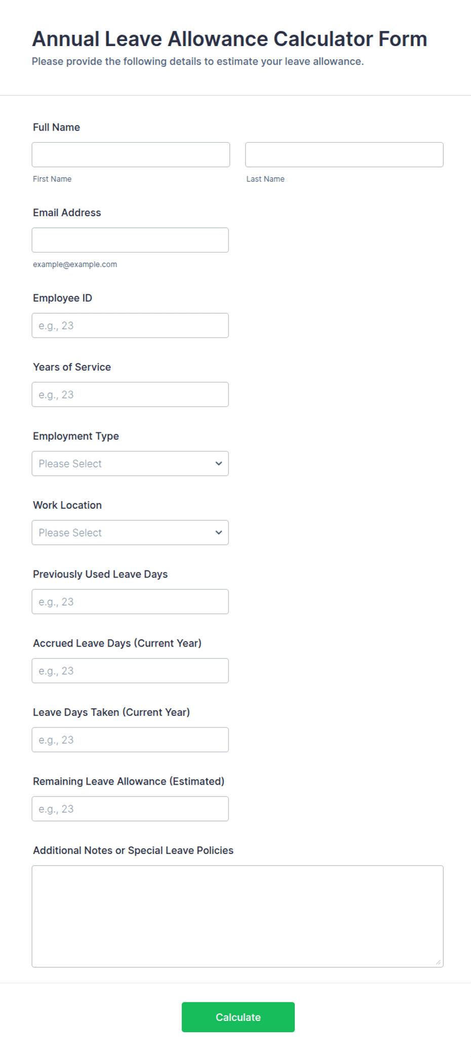 Annual Leave Allowance Calculator Form Template | Jotform