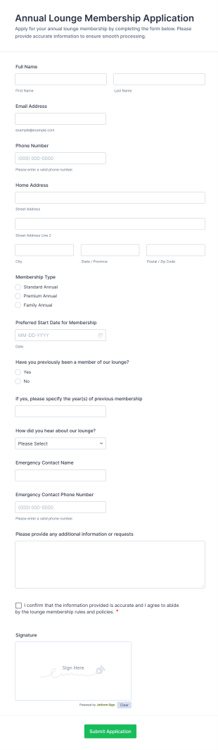 Annual Lounge Membership Application Form Template