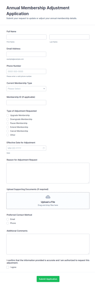 Annual Membership Adjustment Application Form Template