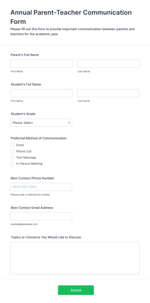 Annual Parent Teacher Communication Form Template