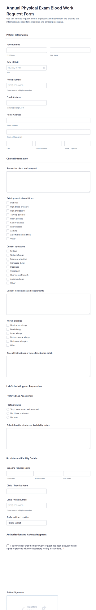 Annual Physical Exam Blood Work Request Form Template