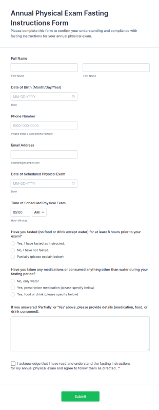 Annual Physical Exam Fasting Instructions Form Template