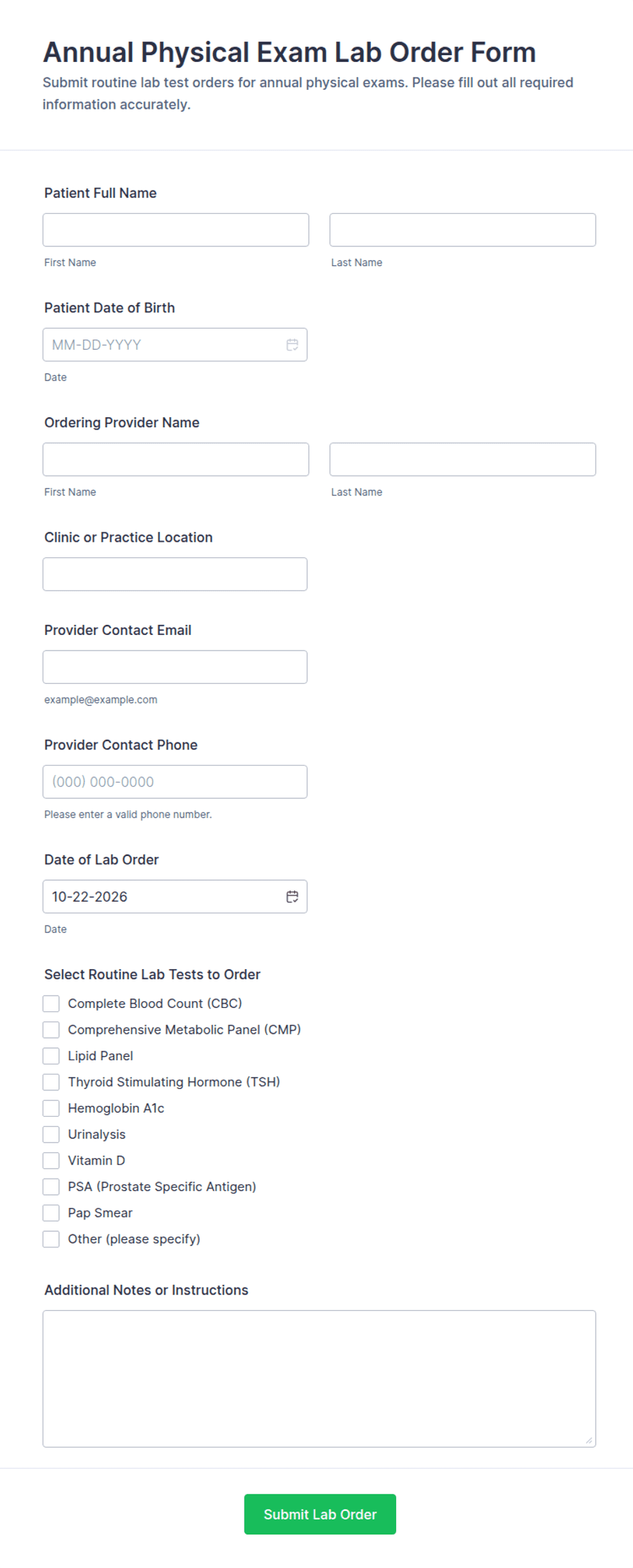 Annual Physical Exam Lab Order Form Template | Jotform