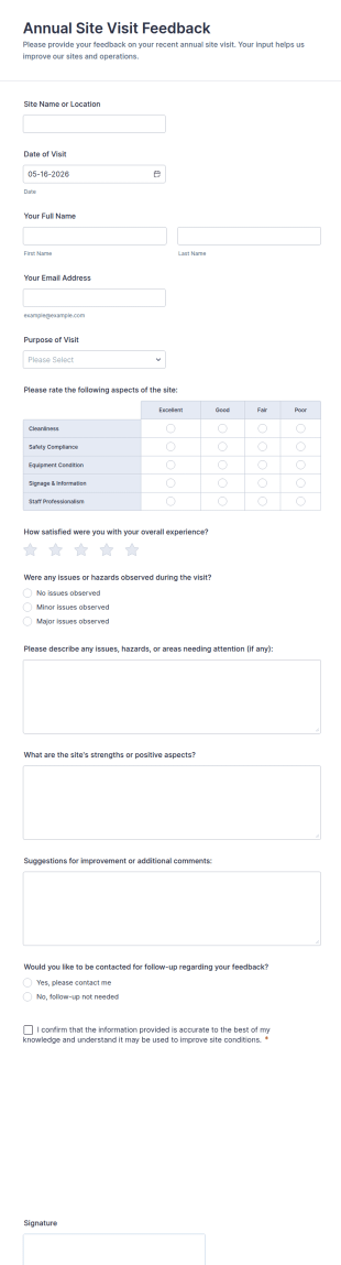 Annual Site Visit Feedback Form Template