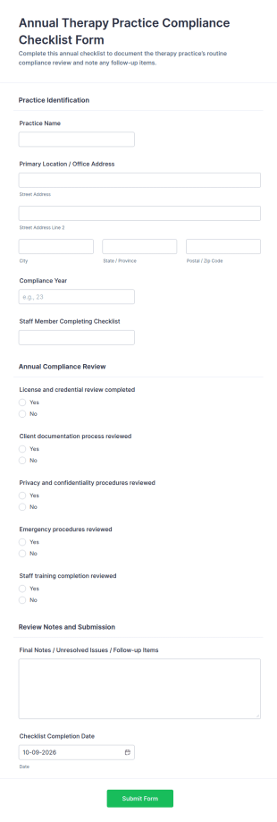 Annual Therapy Practice Compliance Checklist Form Template