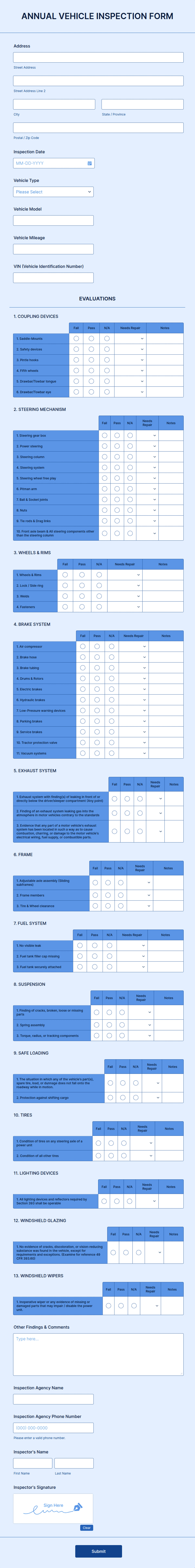 Annual Vehicle Inspection Form Template | Jotform
