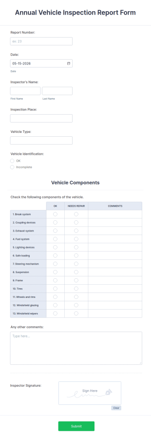 Annual Vehicle Inspection Report Form Template