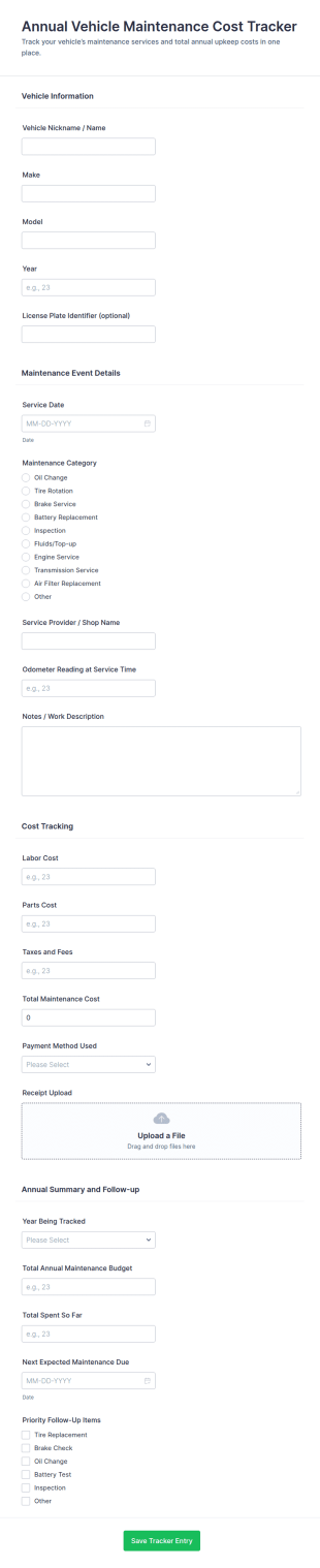 Annual Vehicle Maintenance Cost Tracker Form Template