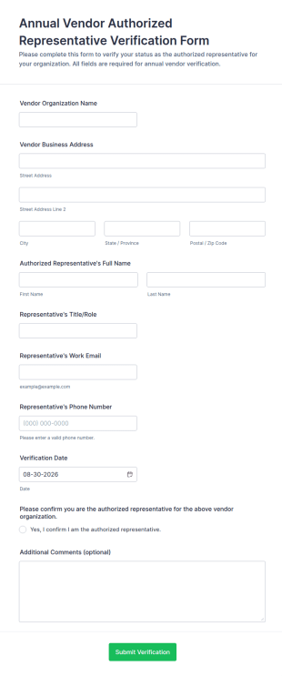 Annual Vendor Authorized Representative Verification Form Template