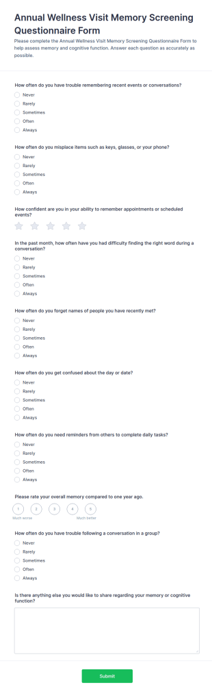 Annual Wellness Visit Memory Screening Questionnaire Form Template