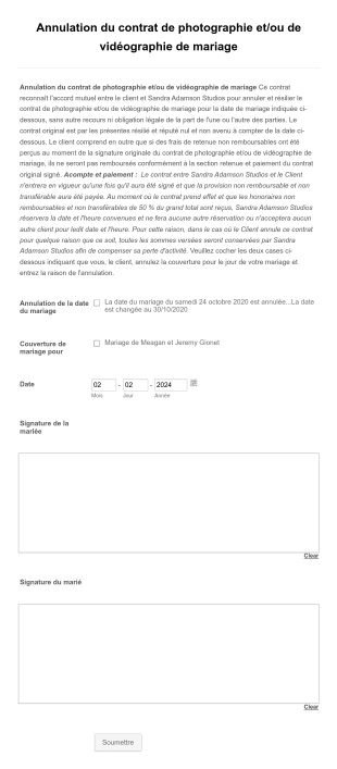 Annulation De Contrat De Photographie De Mariage Form Template