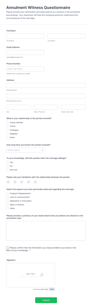 Annulment Witness Questionnaire Form Template