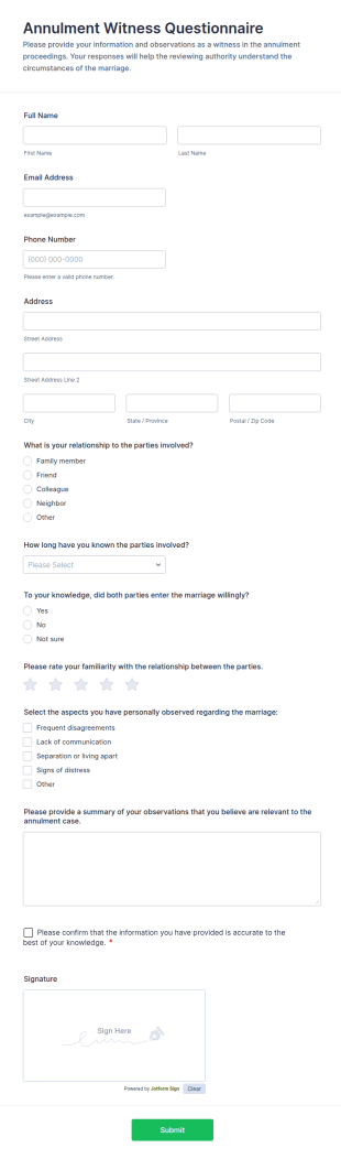 Annulment Witness Questionnaire Form Template