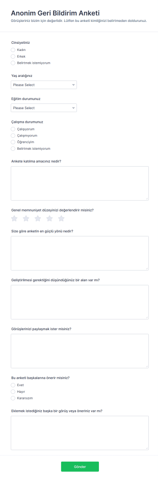 Anonim Geri Bildirim Anketi Form Şablonu