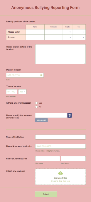 Anonymous Bullying Reporting Form Template