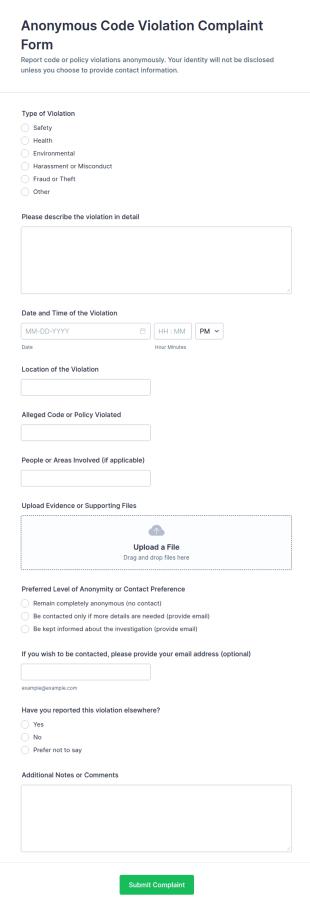 Anonymous Code Violation Complaint Form Template