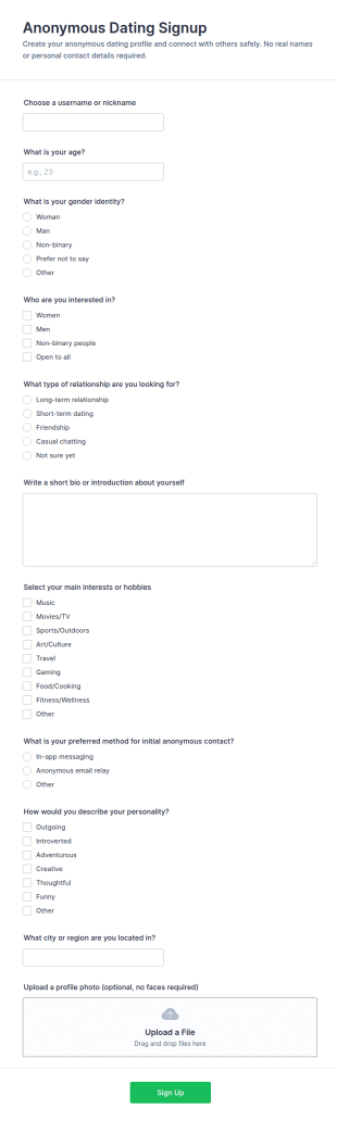 Anonymous Dating Signup Form Template