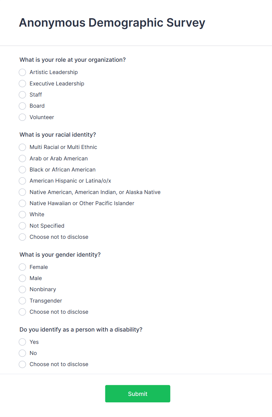 Anonymous Demographic Survey Form Template | Jotform