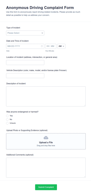 Anonymous Driving Complaint Form Template