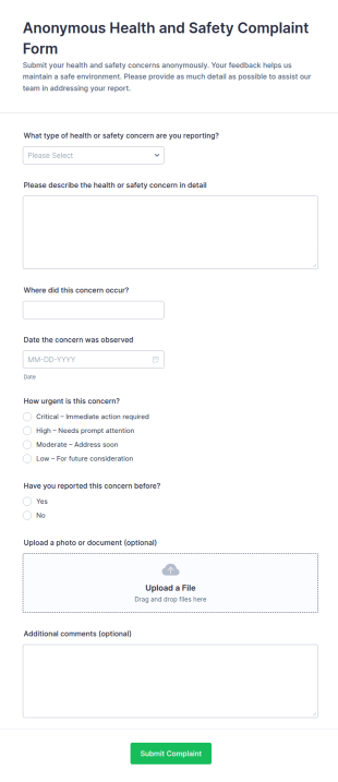 Anonymous Health And Safety Complaint Form Template