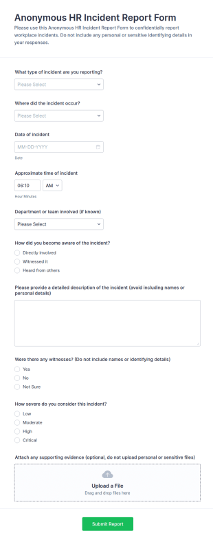 Anonymous HR Incident Report Form Template