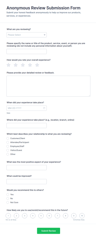Anonymous Review Submission Form Template
