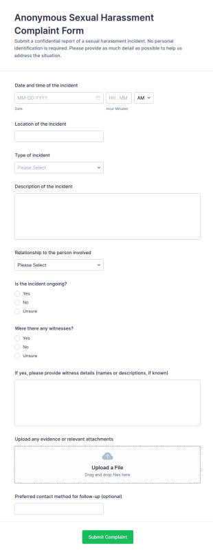 Anonymous Sexual Harassment Complaint Form Template